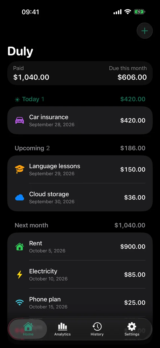 Duly upcoming bills and recurring expenses